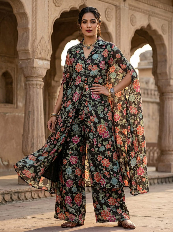 Multicolor Colorful Ethnic Floral Print Tusser Silk Digital Printed Fabric - Cape with Palazzo Lookbook - TS-0-MA021140-110 - alternate view