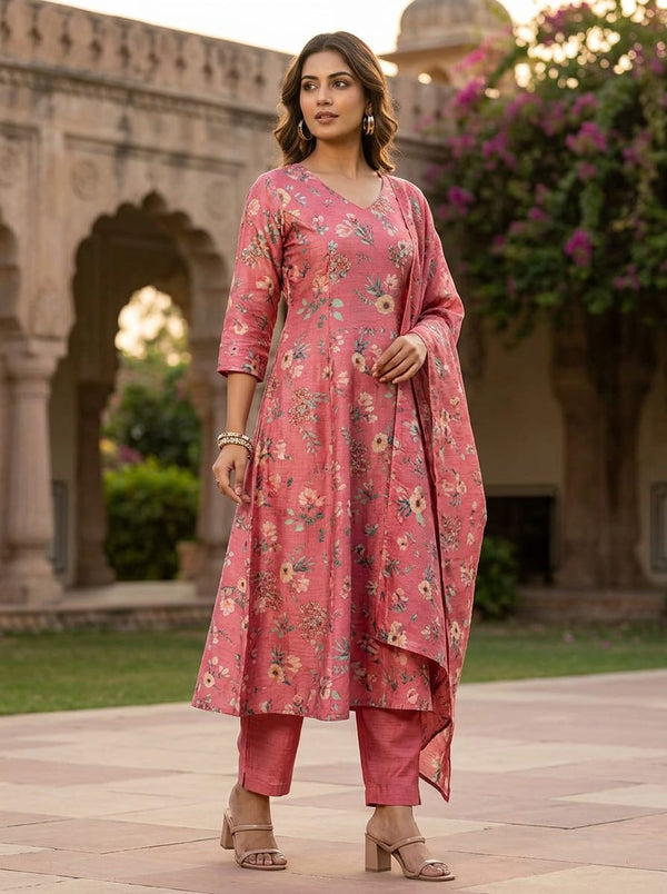 Pink Dainty Botanical Floral Tusser Silk Digital Printed Fabric - A-Line Kurta with Salwar Lookbook - TS-0-MA021996-110 - alternate view