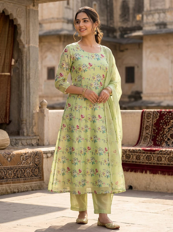 Green Vintage English Rose Floral Tusser Silk Digital Printed Fabric - A-Line Kurta with Salwar Lookbook - TS-0-MA021998-110 - alternate view