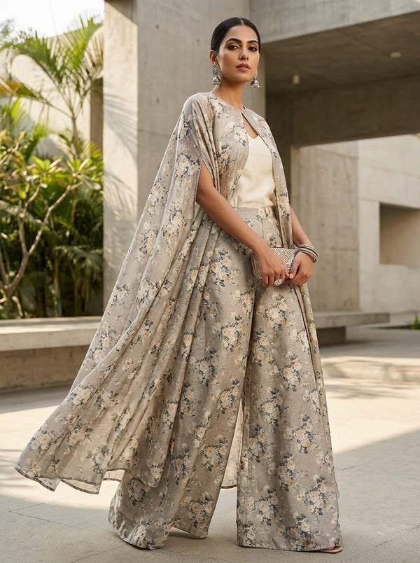 Grey Vintage Rose Floral Tusser Silk Digital Printed Fabric - Cape with Palazzo Lookbook - TS-0-MA022748-110 - alternate view
