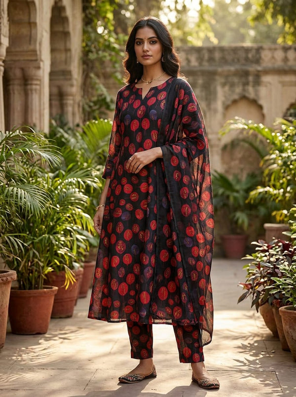 Black Stylized Red Botanical Leaves Tusser Silk Digital Printed Fabric - A-Line Kurta with Salwar Lookbook - TS-0-MA0853-110 - alternate view