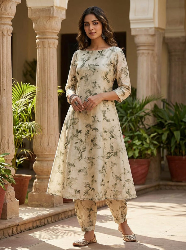 Cream Vintage Bird Sketch Print Tusser Silk Digital Printed Fabric - A-Line Kurta with Salwar Lookbook - TS-0-TA0031-110 - alternate view