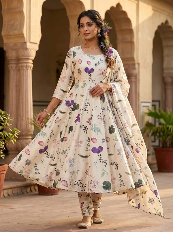 Cream Delicate Botanical Leaf Tusser Silk Digital Printed Fabric - Anarkali Kurta Set Lookbook - TS-0-TA0067-110 - alternate view