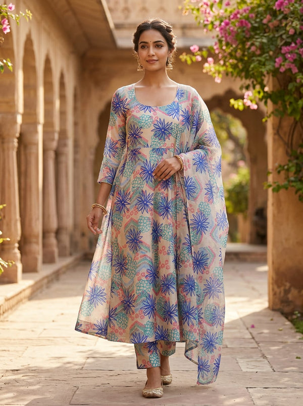 Multicolor Abstract Floral Sketch Tusser Silk Digital Printed Fabric - Anarkali Kurta Set Lookbook - TS-0-TA0265-110 - alternate view
