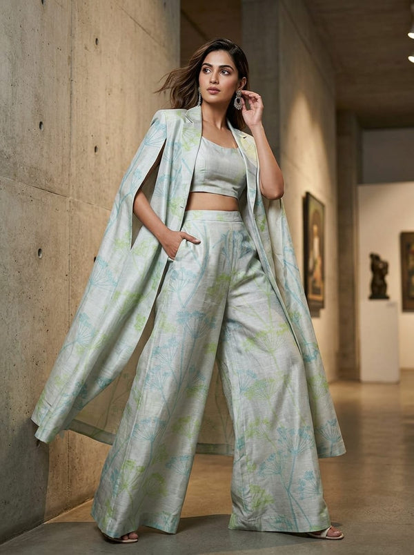 White Dainty Dill Flower Botanical Tusser Silk Digital Printed Fabric - Cape with Palazzo Lookbook - TS-0-TA02652-110 - alternate view