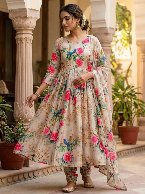 Multicolor Painterly Birds and Roses Tusser Silk Digital Printed Fabric - Anarkali Kurta Set Lookbook - TS-0-TA0320-110 - alternate view