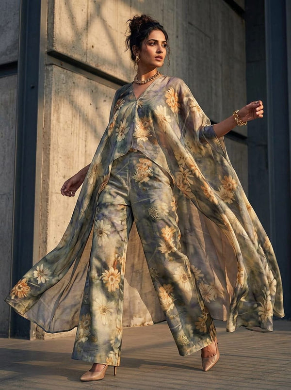 Grey Vintage Floral Haze Tusser Silk Digital Printed Fabric - Cape with Palazzo Lookbook - TS-0-TA05171-110 - alternate view