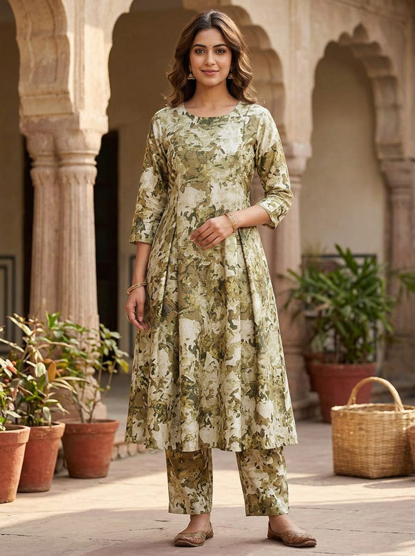 Olive Earthy Abstract Texture Tusser Silk Digital Printed Fabric - A-Line Kurta with Salwar Lookbook - TS-0-TA05209-110 - alternate view