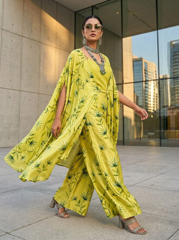 Yellow Watercolor Aster Floral Tusser Silk Digital Printed Fabric - Cape with Palazzo Lookbook - TS-0-TA05268-110 - alternate view
