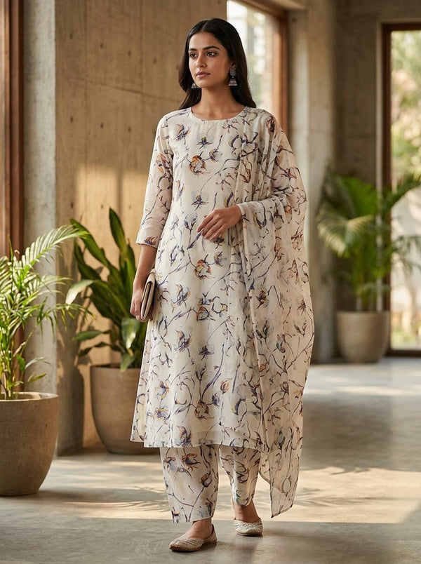 White Watercolour Cotton Boll Botanical Print Tusser Silk Digital Printed Fabric - A-Line Kurta with Salwar Lookbook - TS-0-TA05577-110 - alternate view
