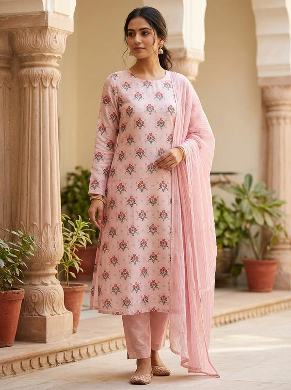 Pink Ethnic Floral Vase Motif Tusser Silk Digital Printed Fabric - A-Line Kurta with Salwar Lookbook - TS-0-TA05887-110 - alternate view