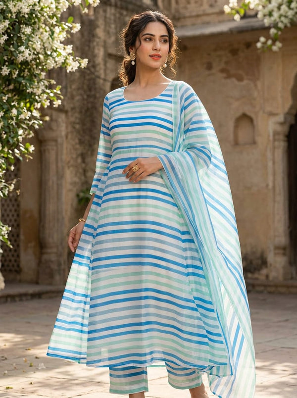 Blue Cool Toned Striped Pattern Tusser Silk Digital Printed Fabric - Anarkali Kurta Set Lookbook - TS-0-TA08335-110 - alternate view