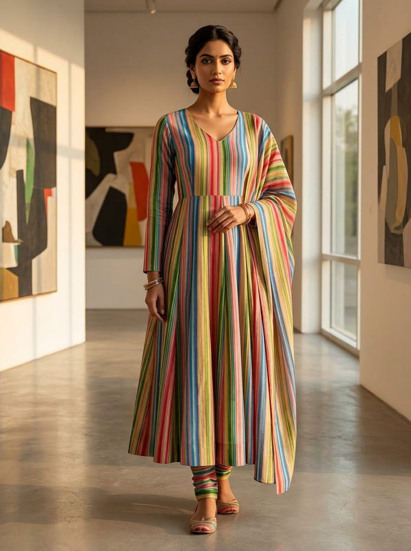 Multicolor Vibrant Wavy Stripes Tusser Silk Digital Printed Fabric - Anarkali Kurta Set Lookbook - TS-0-TA08336-110 - alternate view