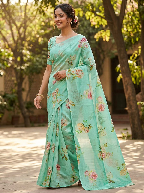Green Soft Floral Garden Tusser Silk Digital Printed Fabric - Saree Lookbook - TS-0-TA08361-110 - alternate view