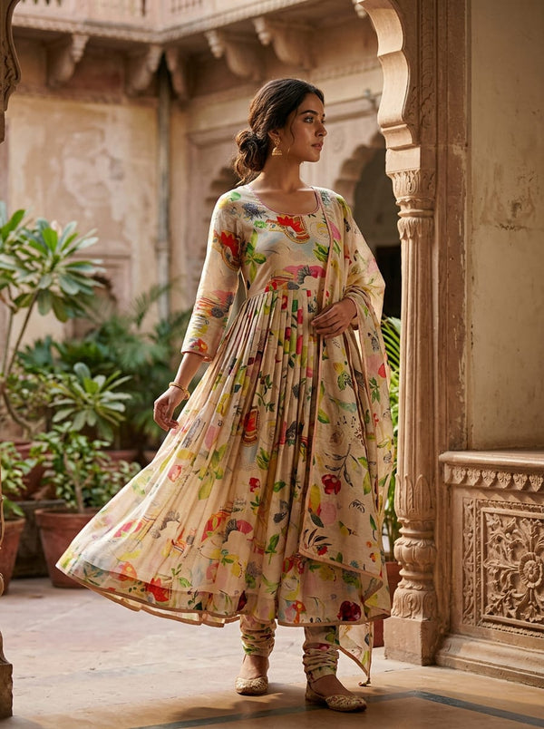 Multicolor Artistic Abstract Floral Collage Tusser Silk Digital Printed Fabric - Anarkali Kurta Set Lookbook - TS-0-TA5312-110 - alternate view