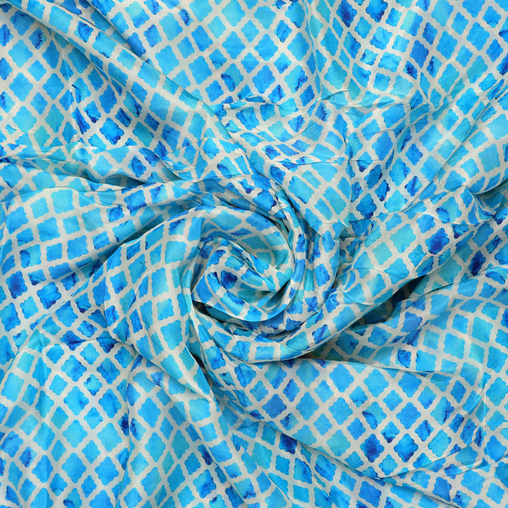 Blue Lattice Lovely Seamless Digital Printed Fabric - Upada Silk
