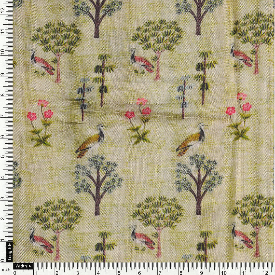 Pista Chinoiserie With Birds Digital Printed Fabric - Upada Silk