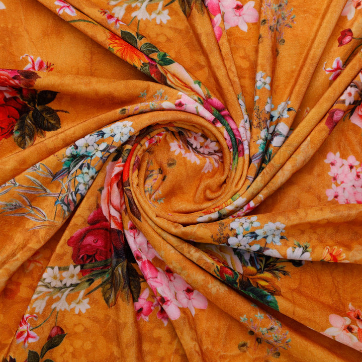 Gorgeous orange floral digital printed velvet fabric by FAB VOGUE Studio