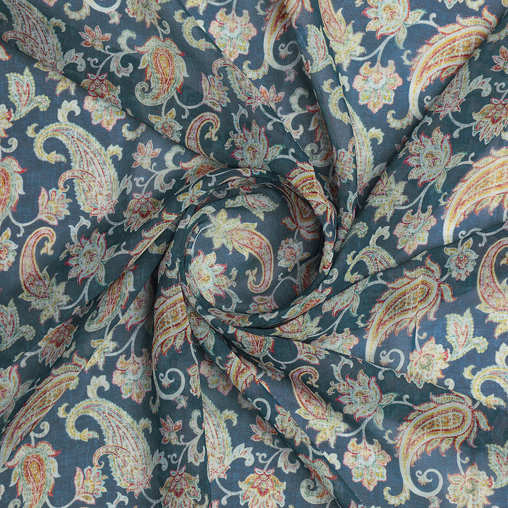 Multi color Paisley Over Blue Base Digital Printed Fabric