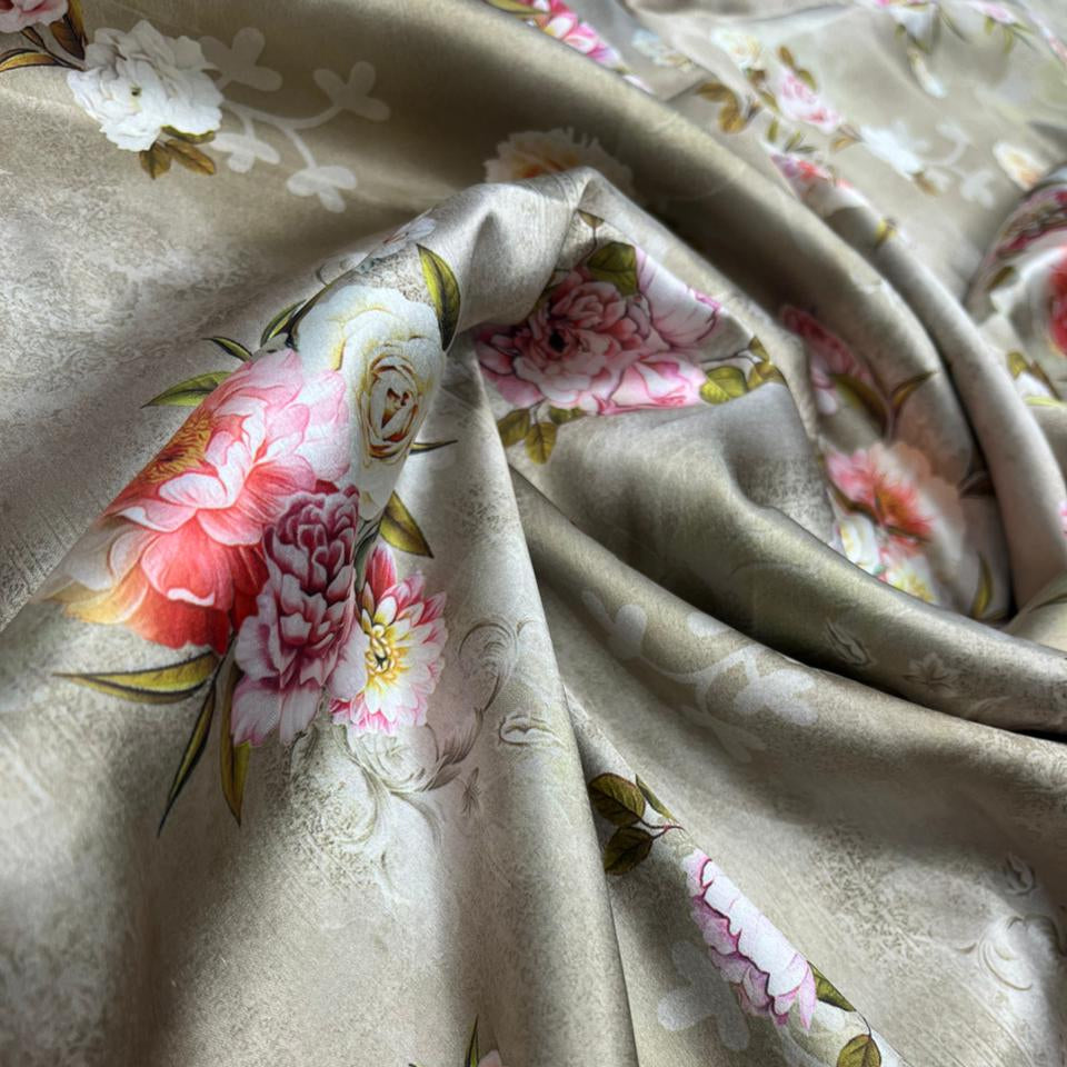 Metallic Vintage Botanical Floral Japan Satin Digital Printed Fabric