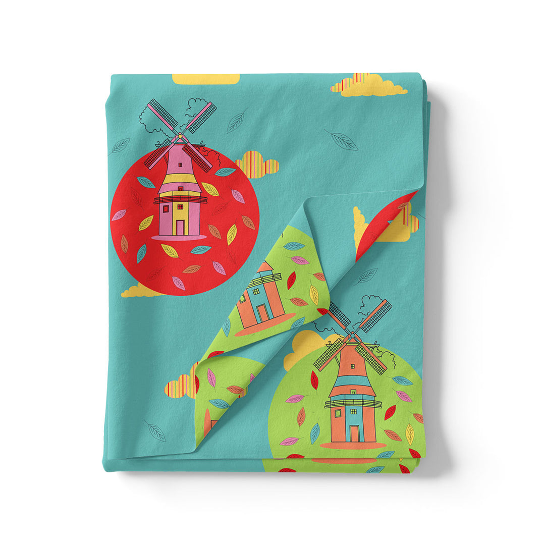 Blue and Red Windmill Print Muslin Fabric for Kids