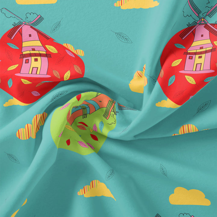 Blue and Red Windmill Print Muslin Fabric for Kids