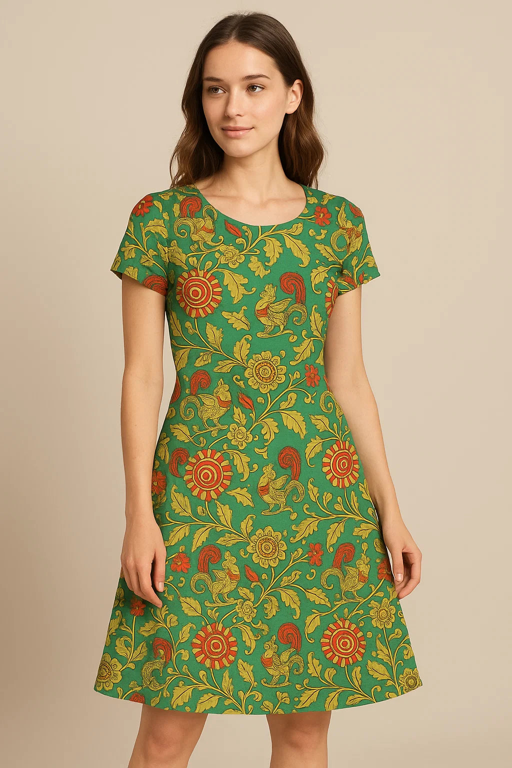 Buy Kalamkari Peacock Print Satin Fabric Online at Best Price