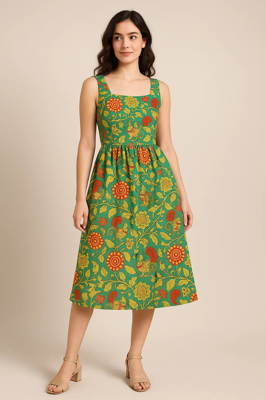 Buy Kalamkari Peacock Print Satin Fabric Online at Best Price