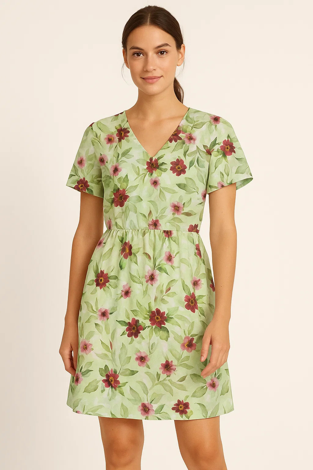 Linen Fabric with Pink and Purple Floral Print