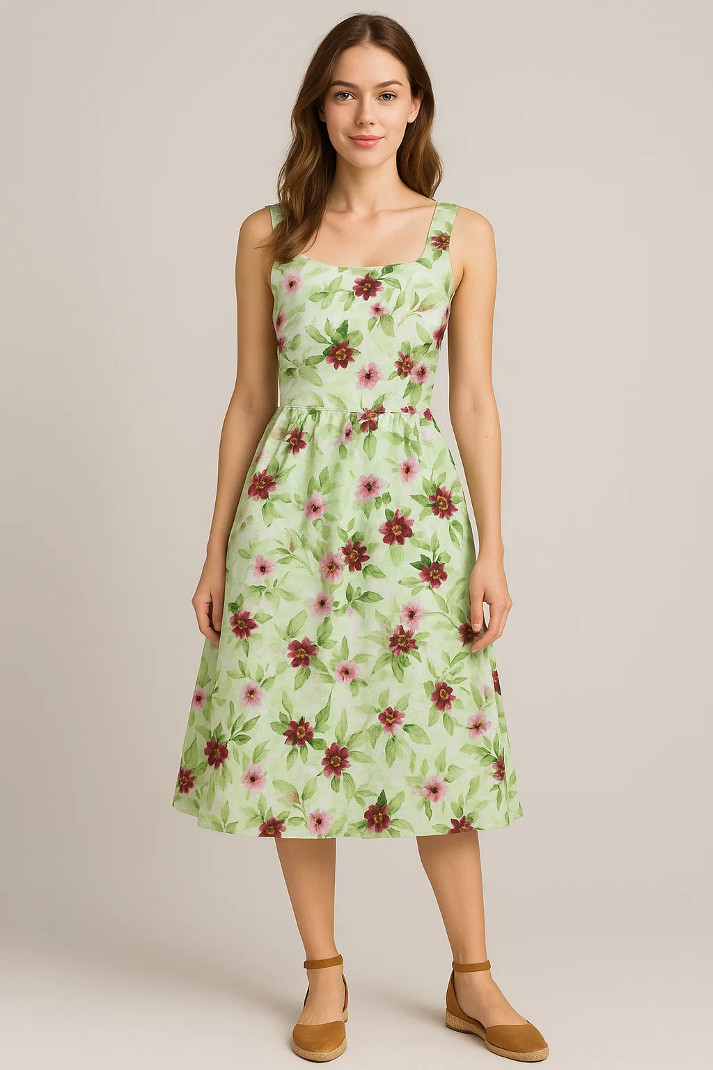 Linen Fabric with Pink and Purple Floral Print