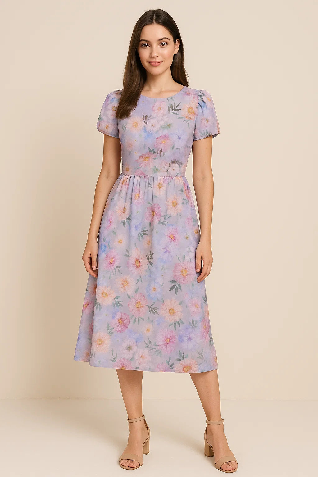 Linen Fabric with Pink and Purple Floral Print