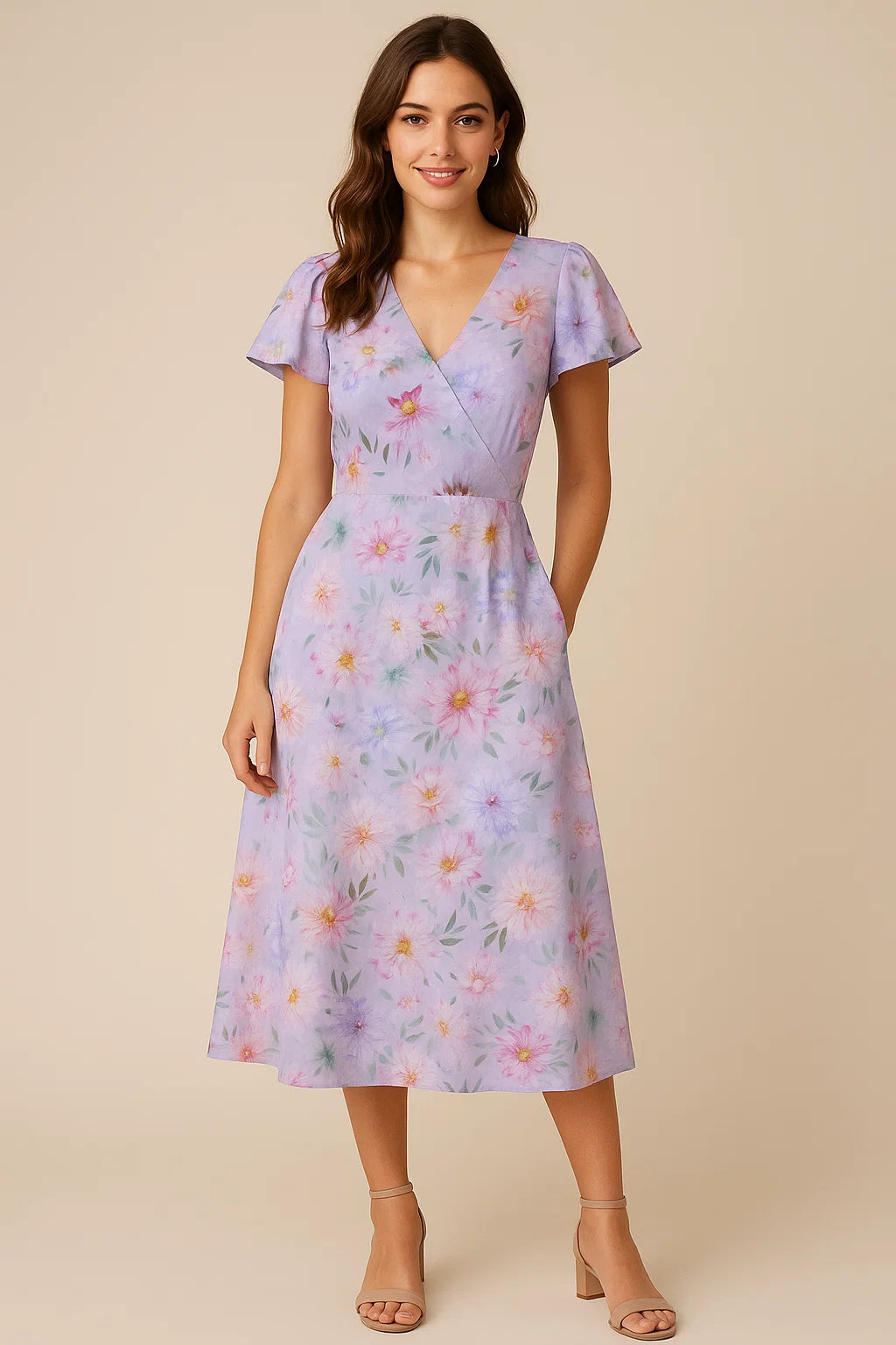 Linen Fabric with Pink and Purple Floral Print