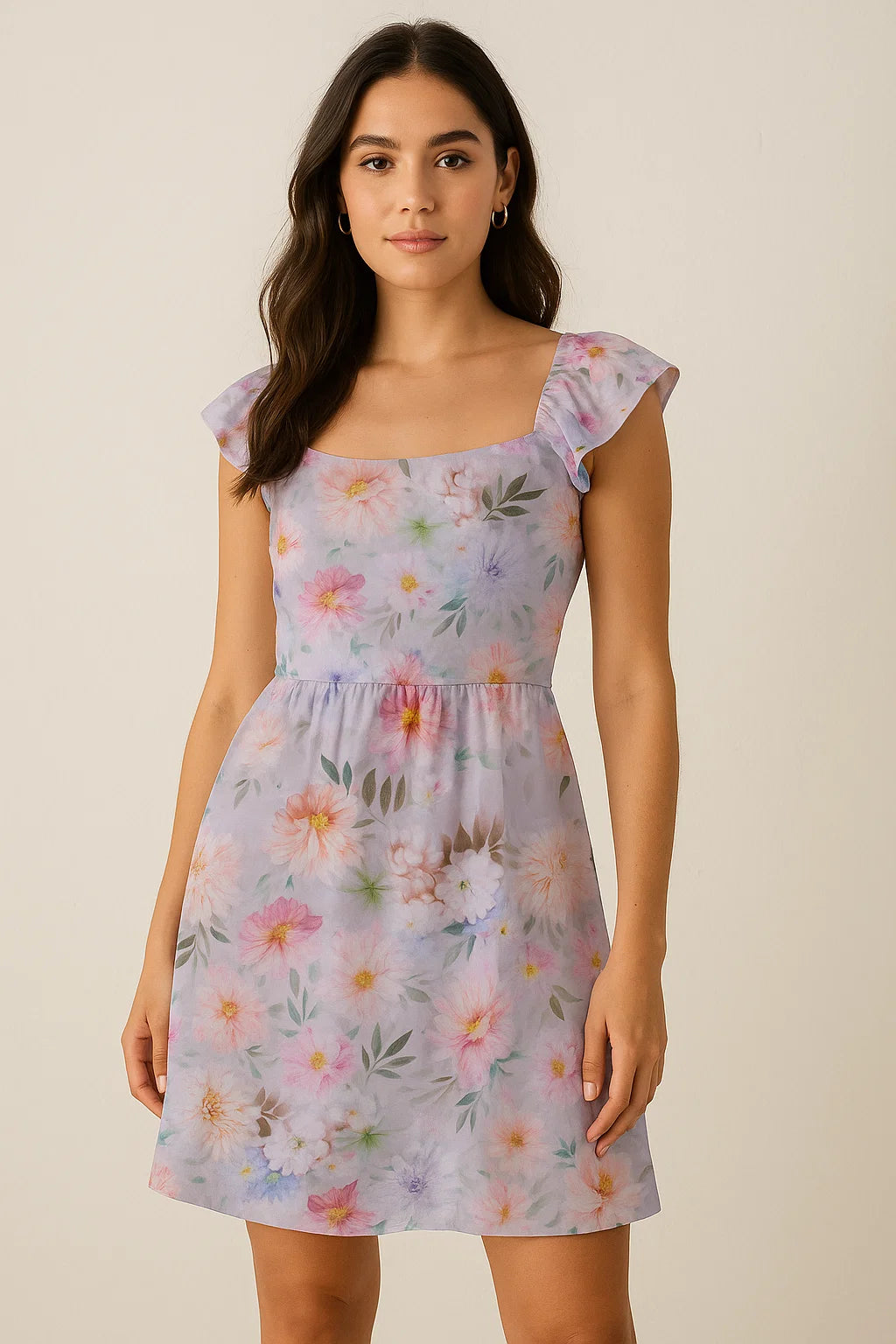 Linen Fabric with Pink and Purple Floral Print