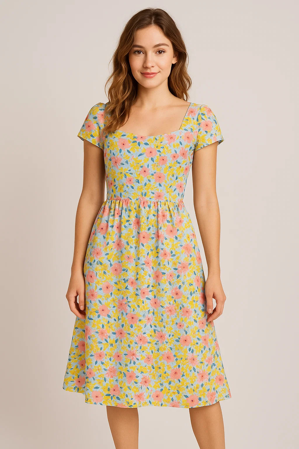 Linen Fabric with Pink, Yellow and Blue Floral Print