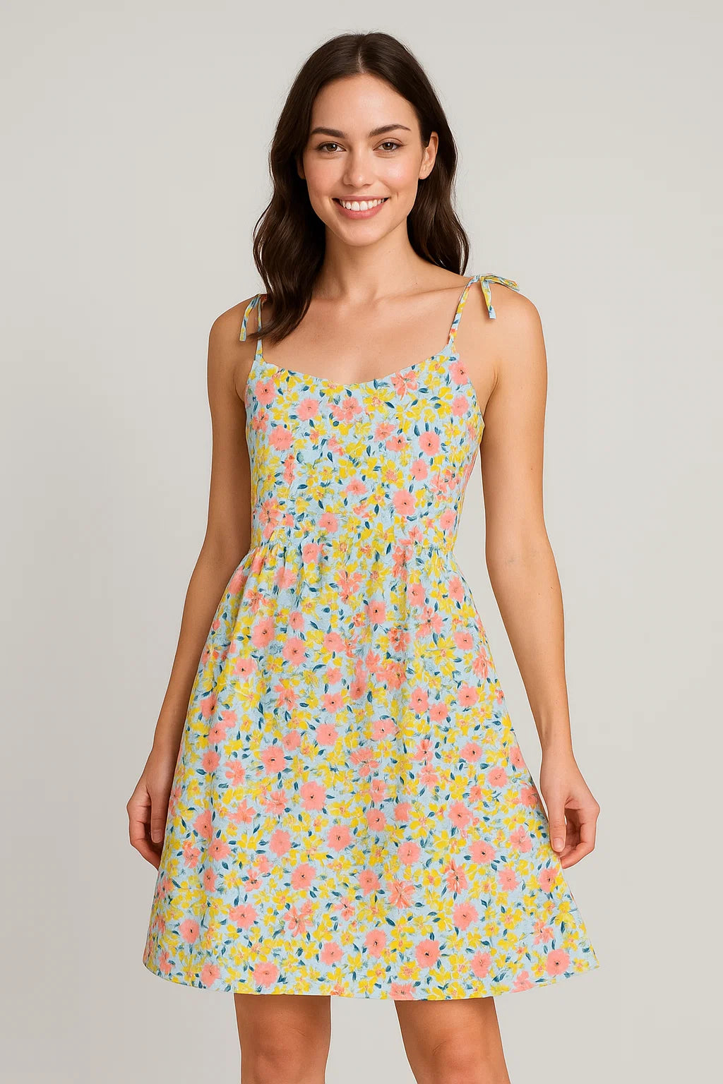 Linen Fabric with Pink, Yellow and Blue Floral Print