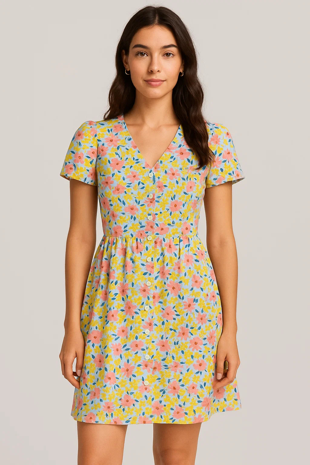 Linen Fabric with Pink, Yellow and Blue Floral Print