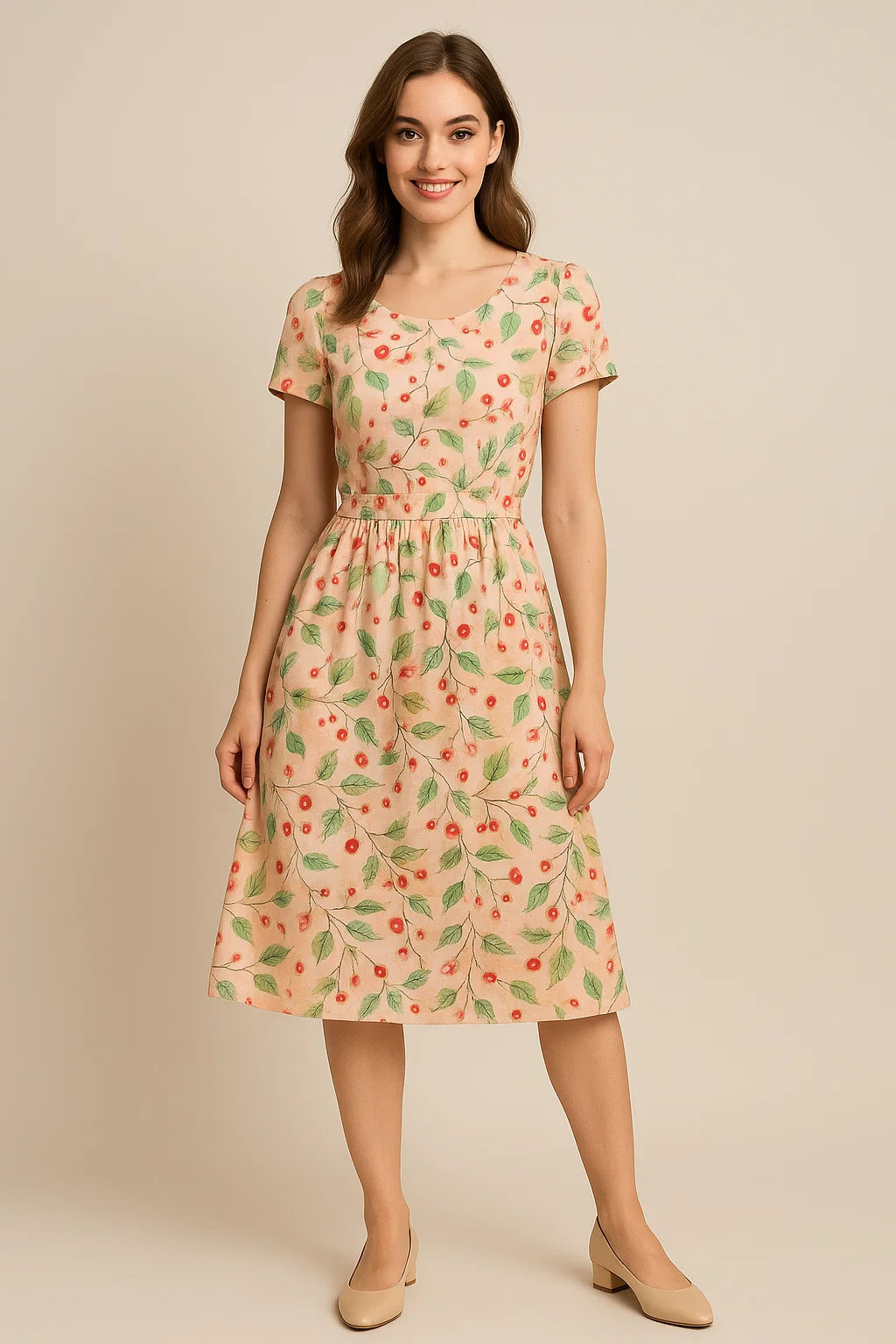 Linen Fabric with Red Berries and Leaves Print