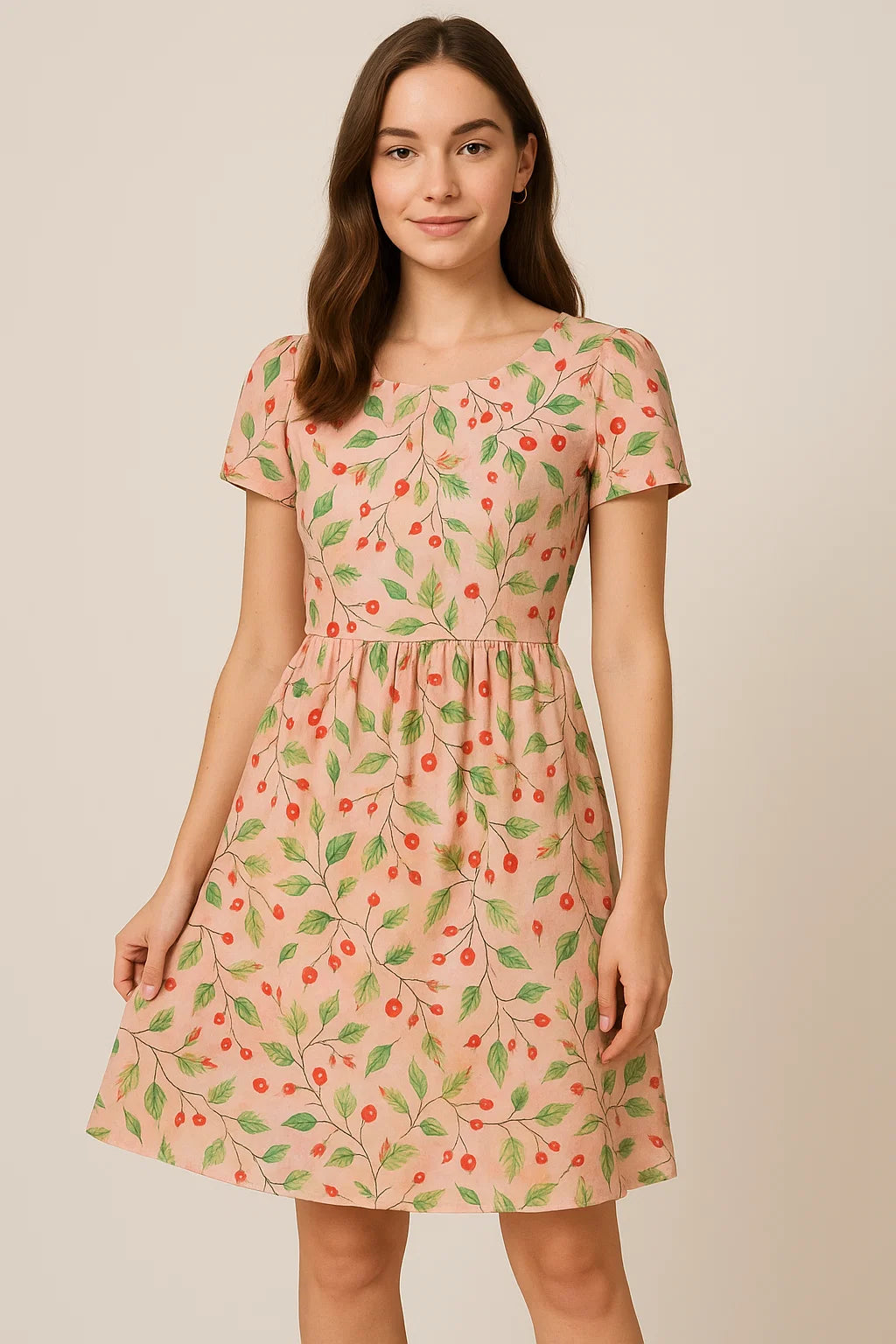 Linen Fabric with Red Berries and Leaves Print