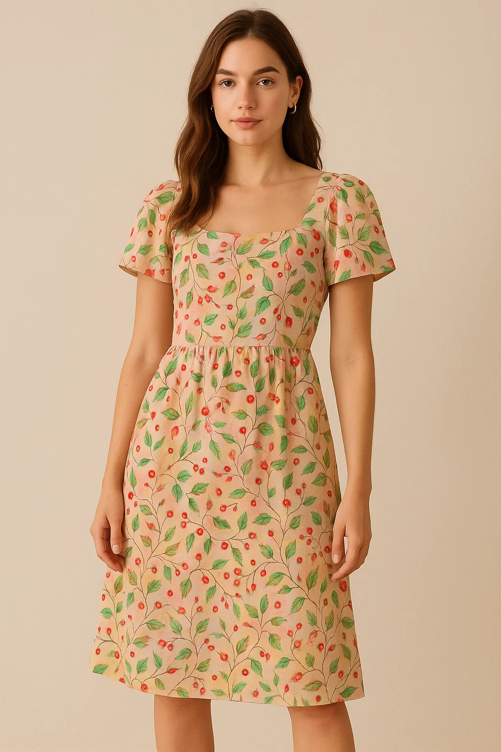 Linen Fabric with Red Berries and Leaves Print