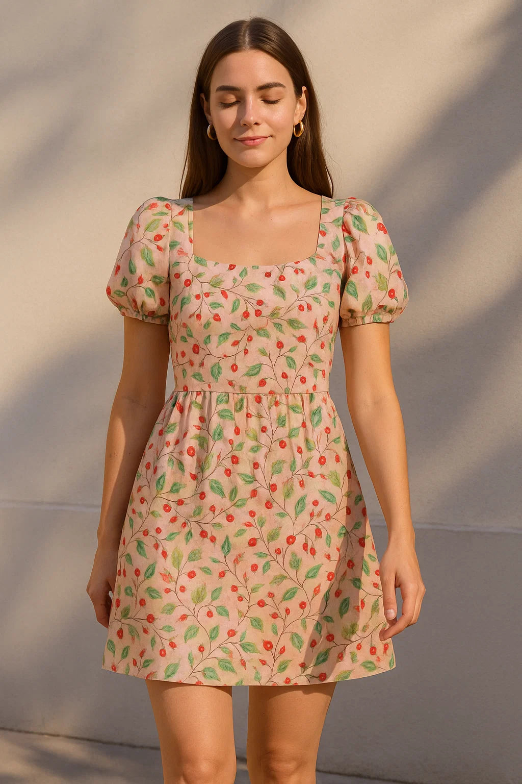 Linen Fabric with Red Berries and Leaves Print