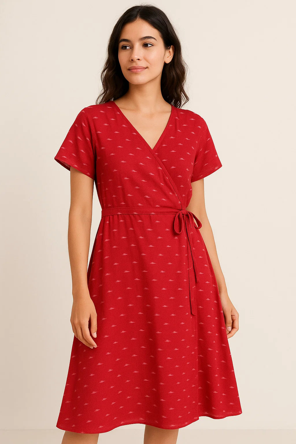 Red Polka Motif Digital Printed Fabric - Weightless