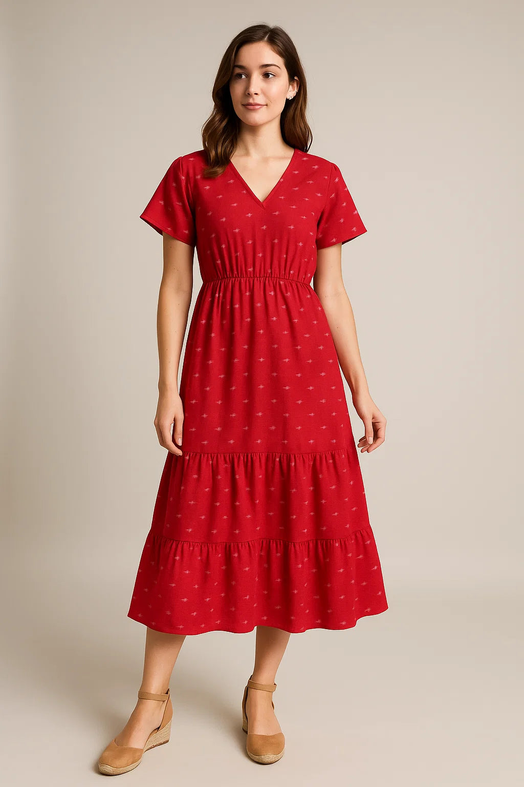 Red Polka Motif Digital Printed Fabric - Weightless