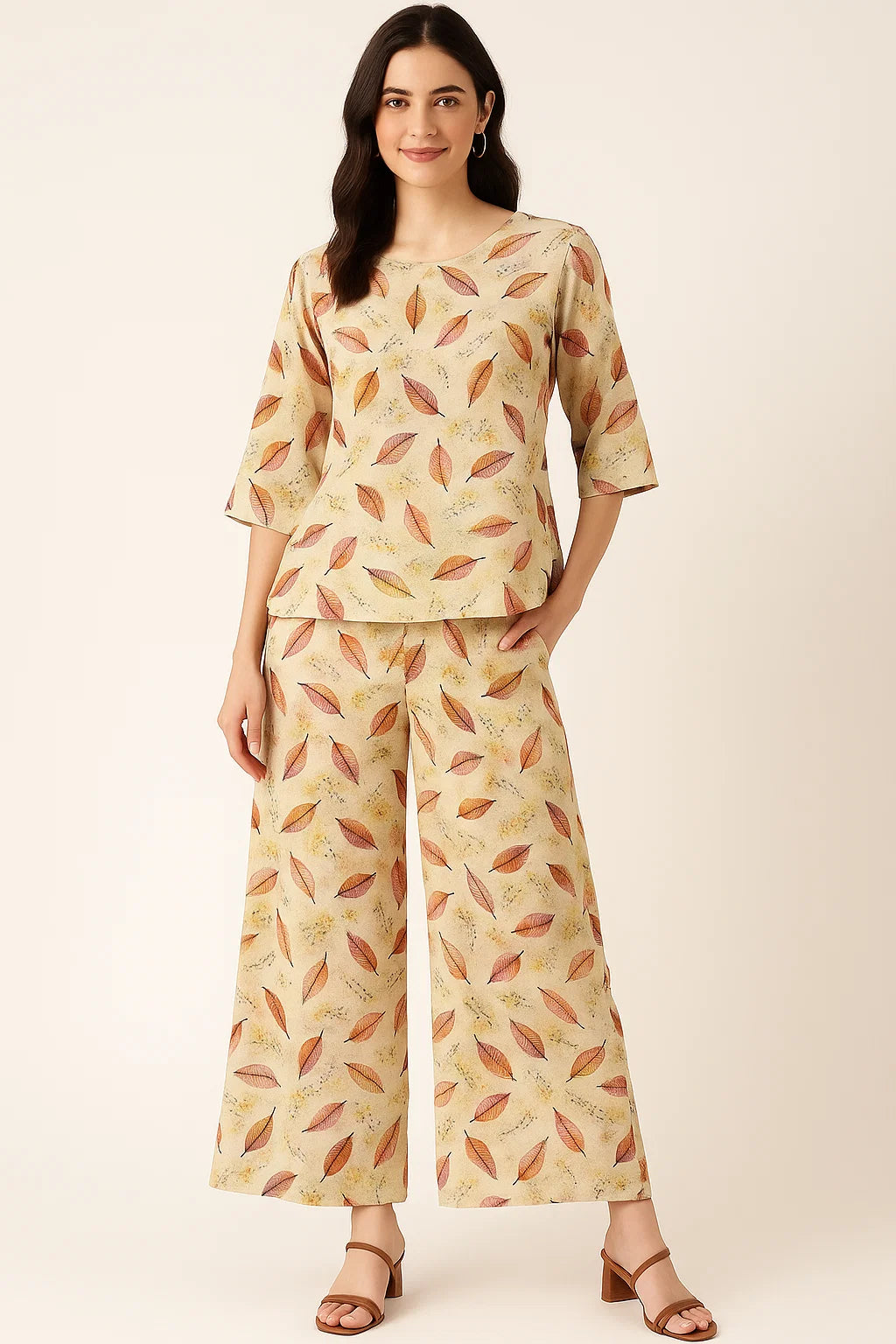 Cream Leaves Weightless Printed Fabric