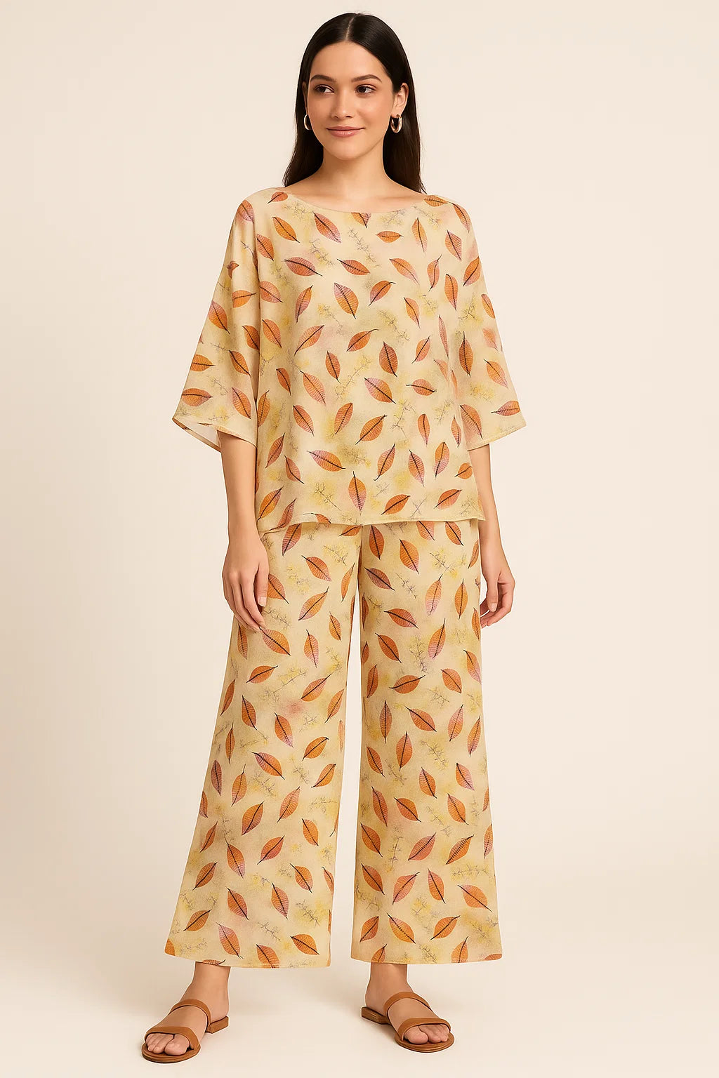 Cream Leaves Weightless Printed Fabric