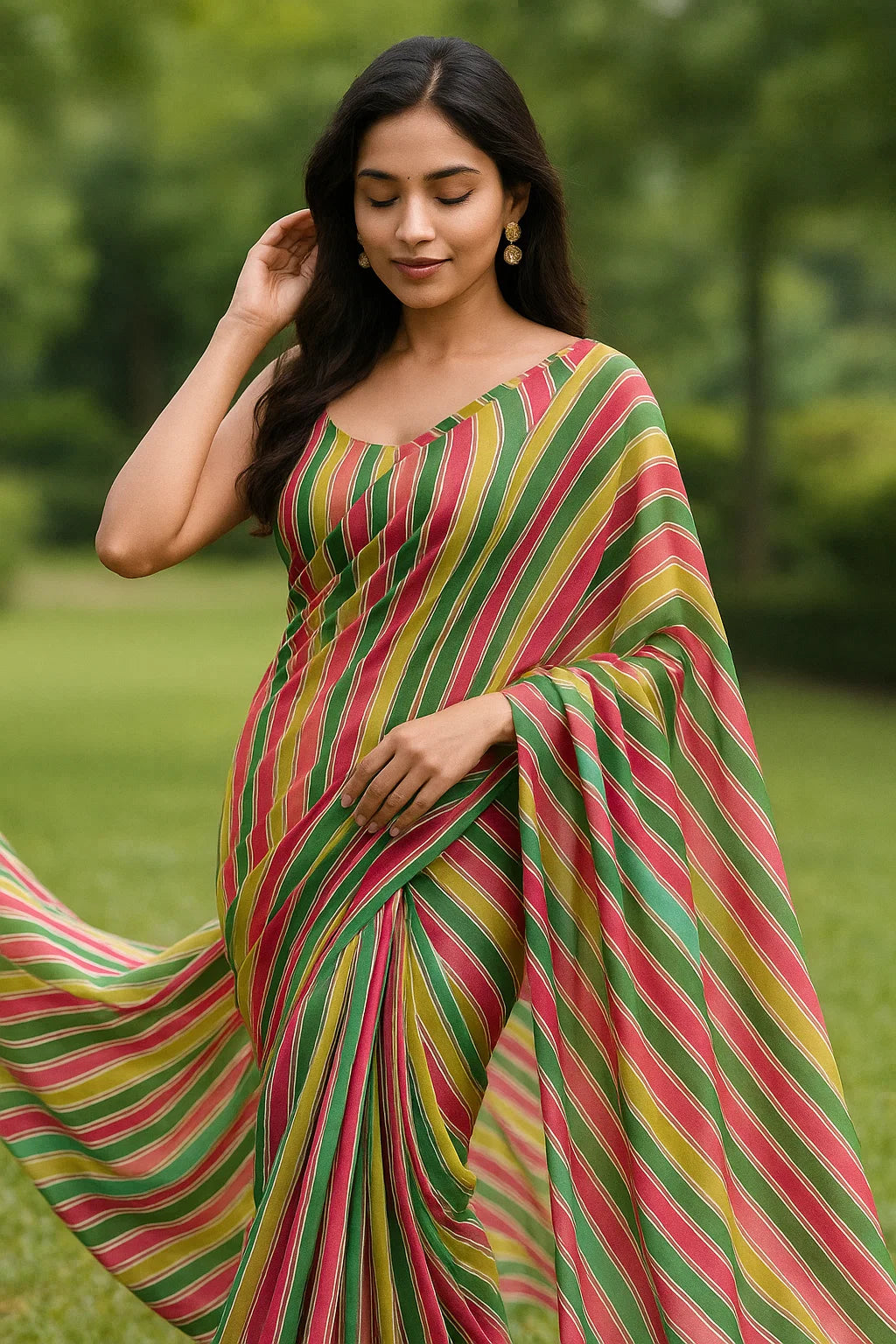 Multicolor Hailine Strips Weightless Printed Fabric