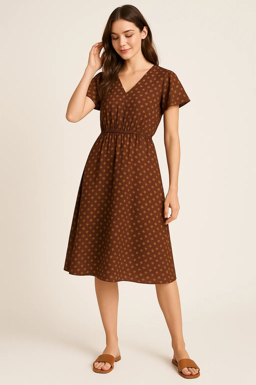 Tiny Lily Dark Brown Colour Background Digital Printed Fabric - Weightless