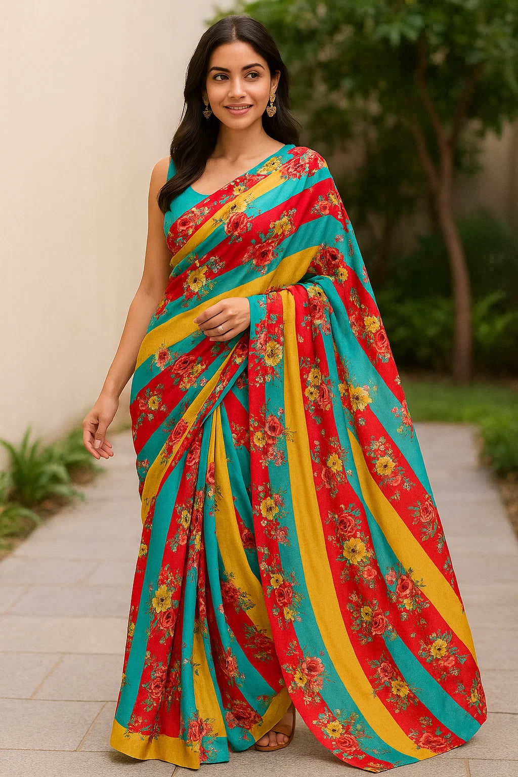 Rainbow Strips With Colourful Flower Digital Printed Fabric - Weightless