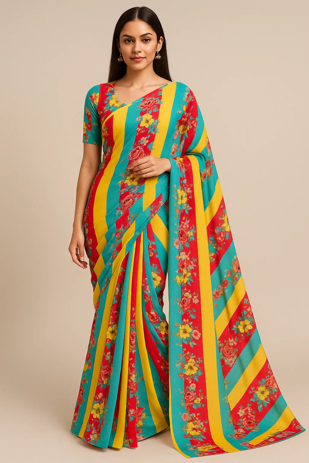 Rainbow Strips With Colourful Flower Digital Printed Fabric - Weightless