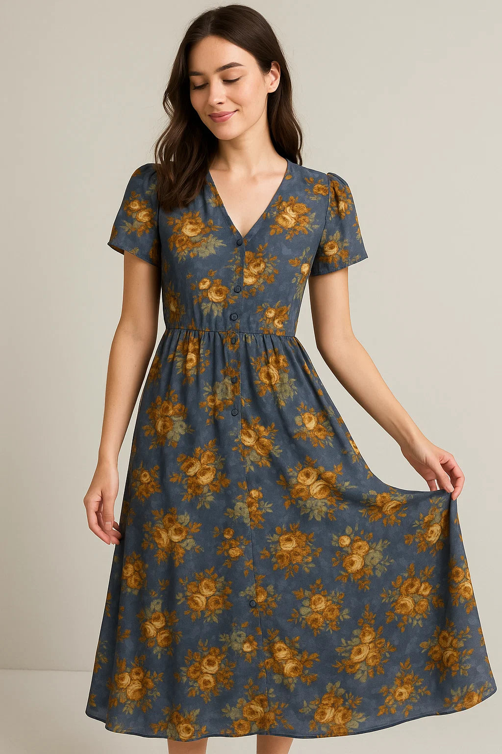 Golden Roses With Bright Gray Digital Printed Fabric - Weightless