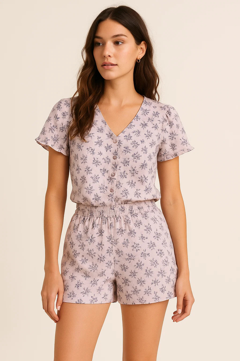 Tiny Blue Leaves With Flower Digital Printed Fabric - Weightless